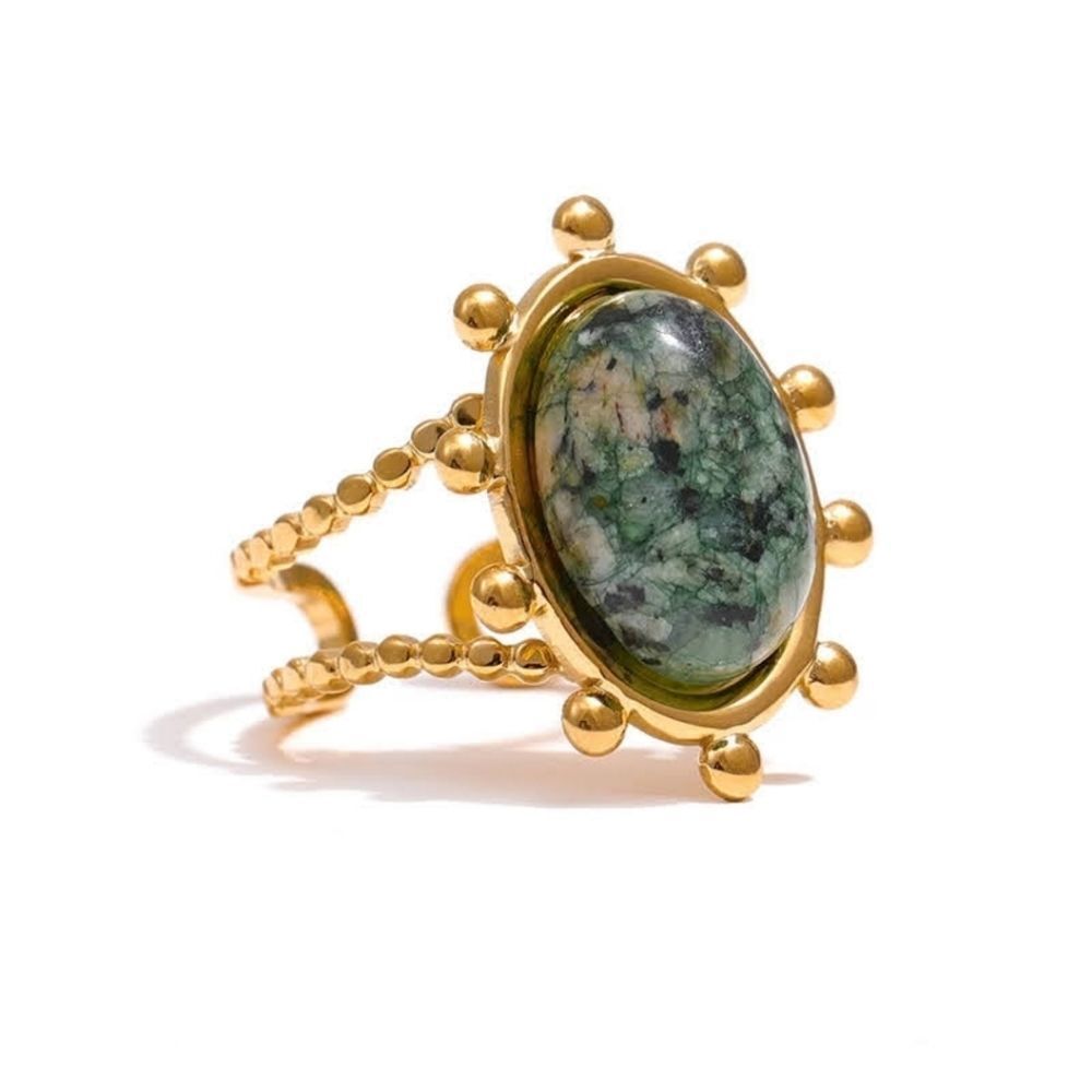 African Natural Green Turquoise 18k Gold Plated Stainless Steel Cocktail Ring